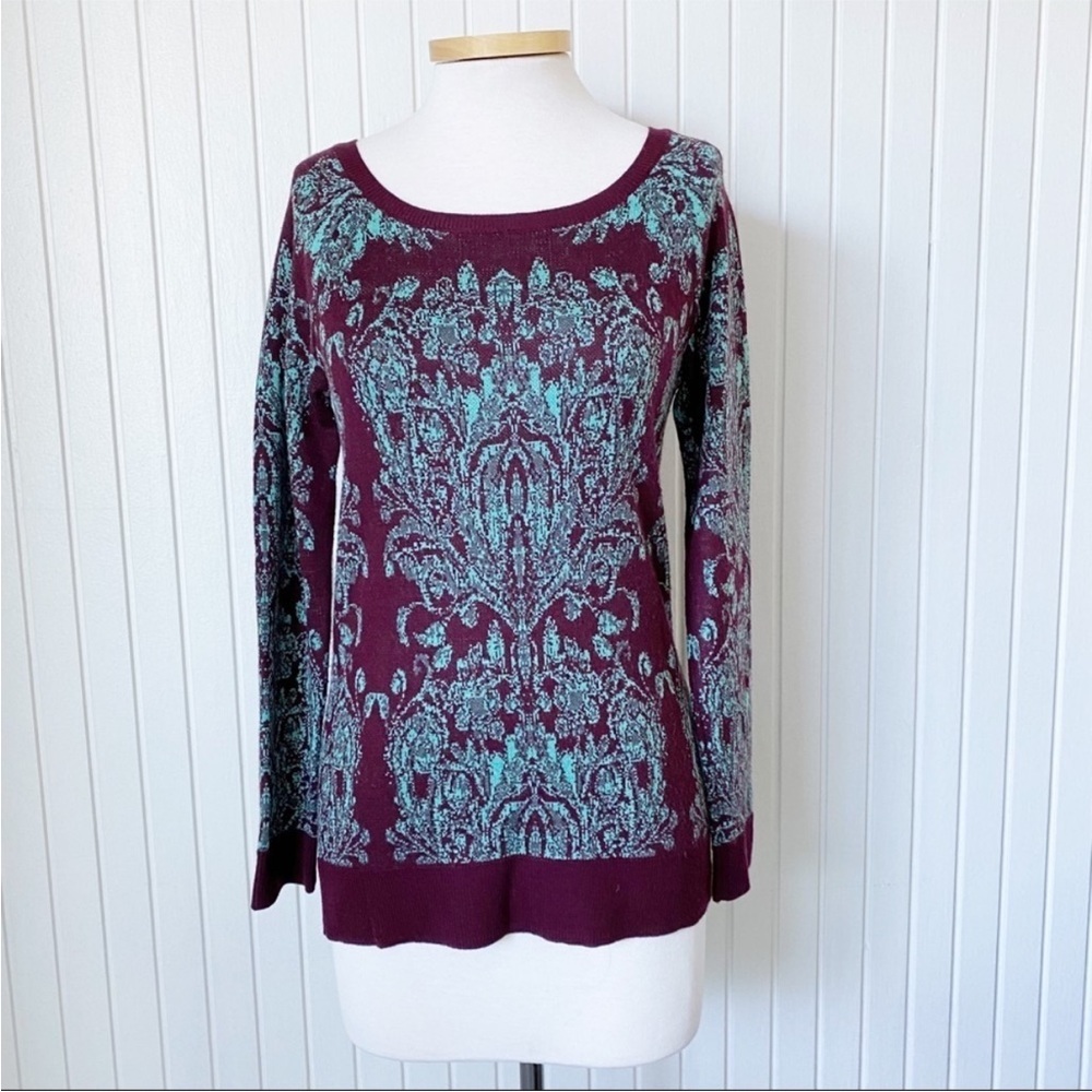 The Limited Sweater Maroon Red Turquoise Sea Green Paisley Long Sleeve Size XS